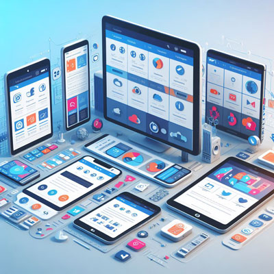 Image représentent 1 ordinateur des smartphone et des tablette sur un fond bleu, sur les appareilles son présent les icone des réseaux sociaux.