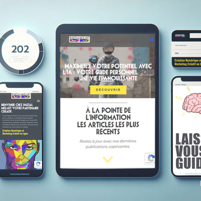 Image représentent 2 smartphone et 1 tablette sur un fond bleu, comme site afficher sur les appareille digitalmixart.fr 