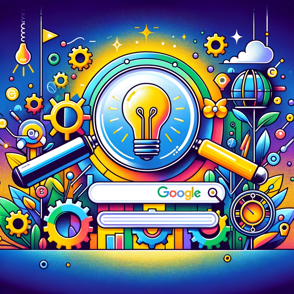 Illustration numérique colorée montrant les concepts clés des algorithmes de Google pour le SEO, avec une loupe sur une page de recherche Google, une ampoule symbolisant la compréhension, des engrenages interconnectés pour la complexité des algorithmes, et une liste de vérification SEO.